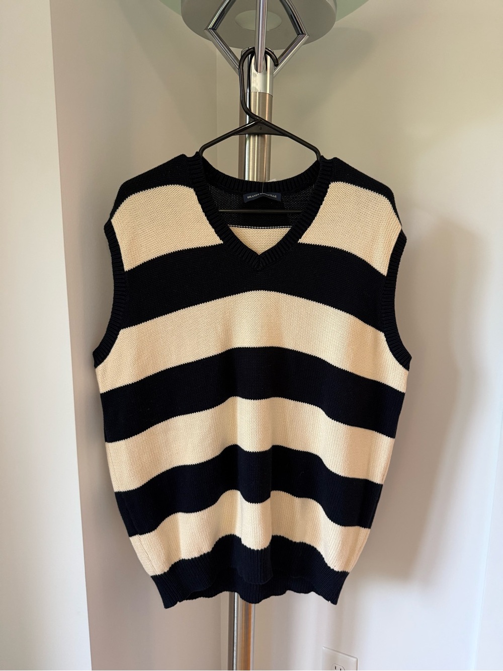 Brandy Melville Black and Cream Striped V-Neck Sweater Vest